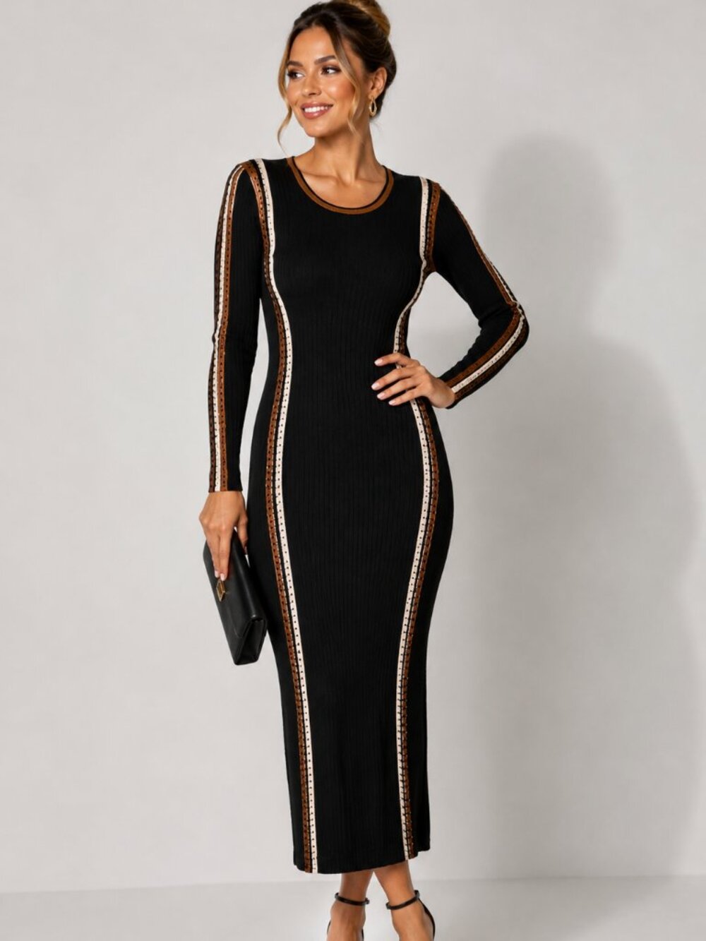 Camila Coelho Ribbed Knit Bodycon Midi Dress Black Long Sleeve Size Medium